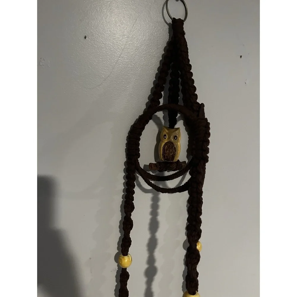 70's‎ Macrame Hanging Plant Holder Ceramic Owl Boho Beads Hippie 58